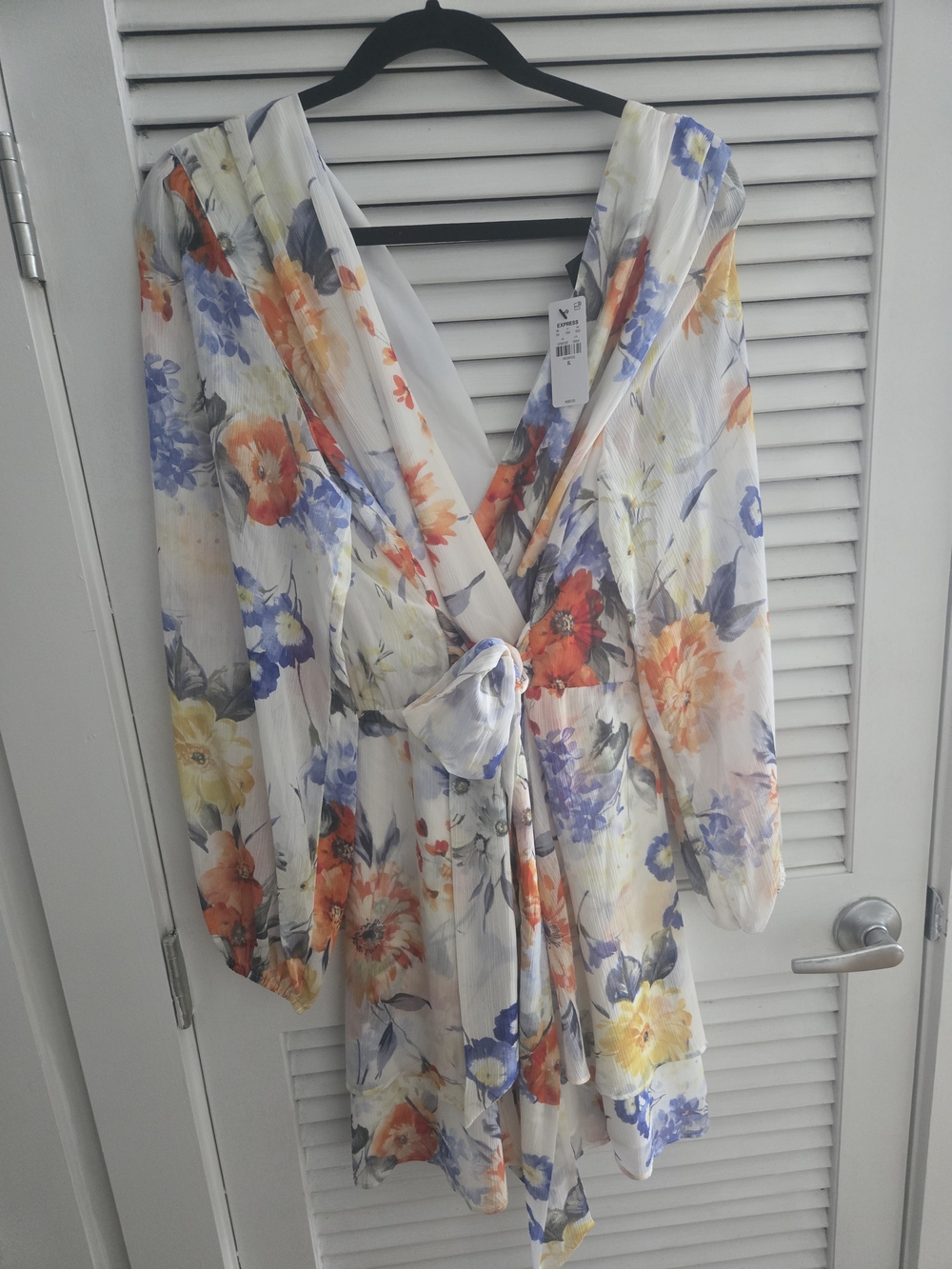 Express White Floral Wrap Romper with Blue & Orange Blooms